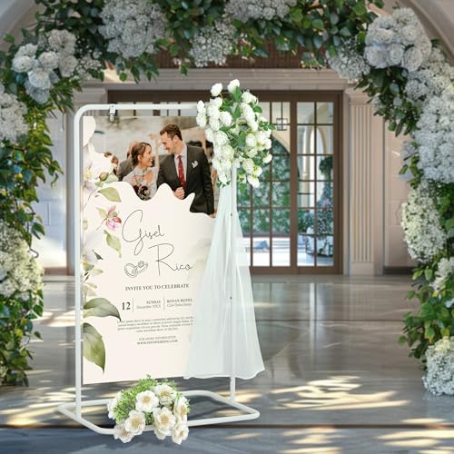 Jolitac Wedding Welcome Sign Holder, Adjustable Wedding Sign Stand Leather Hanging Straps & Design Bundle Heavy Duty Metal Easel Stand for Seating Charts, Bridal Showers, Birthday Party Displays - color: White