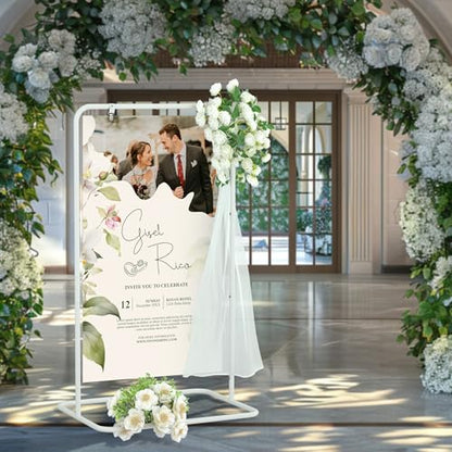 Jolitac Wedding Welcome Sign Holder, Adjustable Wedding Sign Stand Leather Hanging Straps & Design Bundle Heavy Duty Metal Easel Stand for Seating Charts, Bridal Showers, Birthday Party Displays - color: White
