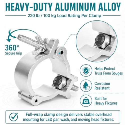 12-Pack Heavy Duty Aluminum Truss Clamps - 2 Inch Pro Stage Light Clamps for 220lb LED Par & Moving Head Fixtures - Fits 1.9-2.0" F34 Pipe for DJ Club & Theatrical Rigging