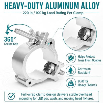 12-Pack Heavy Duty Aluminum Truss Clamps - 2 Inch Pro Stage Light Clamps for 220lb LED Par & Moving Head Fixtures - Fits 1.9-2.0" F34 Pipe for DJ Club & Theatrical Rigging