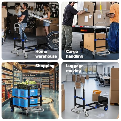 Black Convertible Hand Truck Dolly Cart with 4 Wheels Heavy Duty,500 Lbs Capacity, 2 Straps for Moving Furniture/Appliance/Carton/Warehouse/Office/no Need to Install, Follow Video to Fold - color: Black