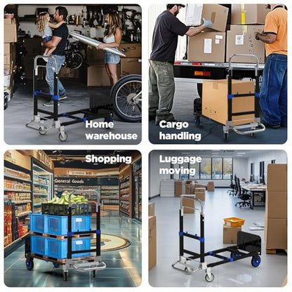 Black Convertible Hand Truck Dolly Cart with 4 Wheels Heavy Duty,500 Lbs Capacity, 2 Straps for Moving Furniture/Appliance/Carton/Warehouse/Office/no Need to Install, Follow Video to Fold - color: Black