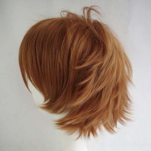 LABEAUTÉ Short Fresh Brown Anime Cosplay Wig Male Men Anime Layered Unisex Heat Resistant Hair Wig with Bangs for Party and Halloween for Gift + Free Cap - color: Fresh Brown