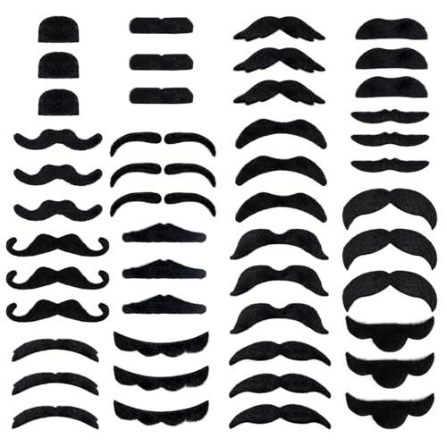 48 Pcs Fake Mustaches, Self Adhesive Fake Beard, Novelty Hairy Beard, Costume Facial Hair for Halloween Party - color: Black