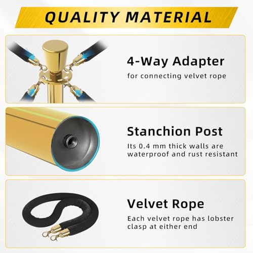Black Stainless Steel Stanchions Rope - Crowd Control Barriers with Red Carpet Safety Barrier, Velvet Ropes and Posts & Retractable Belts for Party Theater Weddings, Museums - 6 Pcs - color: Black, size: 6Pcs