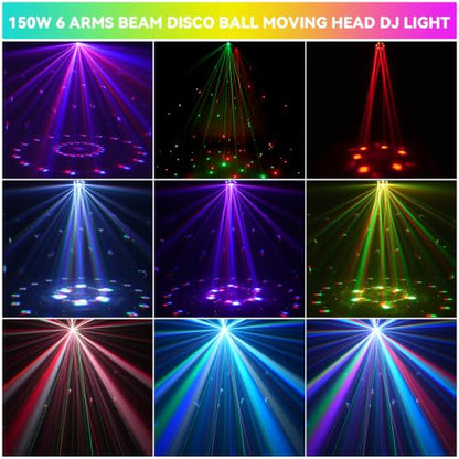 Moving Head DJ Light for Party 150W 6-Arm Remote Control | Disco Ball, LED RGB Ring, Red Green Starry, Strobe Multi Effects. DMX512 Sound Activated. For Stage, Wedding, Club, Events