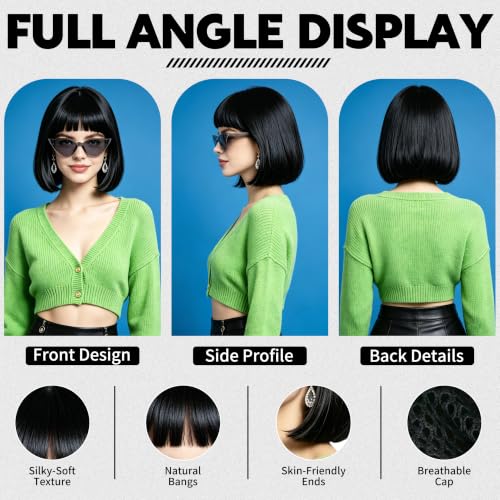 Short Bob Straight Hair Wigs with Bangs, Heat Resistant Fiber Hair, Cat Eye Glasses for Women (Black) - color: Black