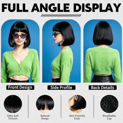 Short Bob Straight Hair Wigs with Bangs, Heat Resistant Fiber Hair, Cat Eye Glasses for Women (Black) - color: Black
