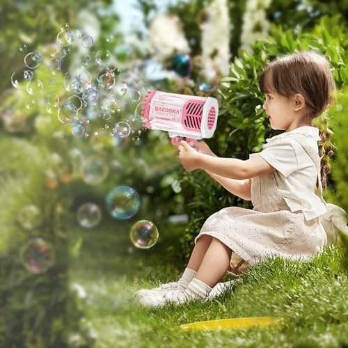 Deserthome Bubble Gun, Pink Bazooka Bubble Machine with Bubble Solution | 69-Hole Light-Up Bazooka Bubble gun Blaster, Produces Massive Bubbles, Outdoor Summer Toy for Kids, Ideal Party Favors - color: Pink