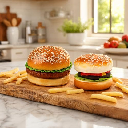 Peohud 2 Pack Artificial Hamburger and 30 Pcs Artificial French Fries, Realistic Fake Food for Display, Faux Beef Burger for Photography Props, Home Kitchen Party Decoration