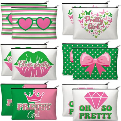 Reginary 12 Pcs Sorority Gifts for Women Pink and Green Sister Makeup Bags | Greek Sorority Cosmetic Bags, Pretty Girl Zipper Pouches, Sister Birthday Friendship Gifts - style: Aka Sorority