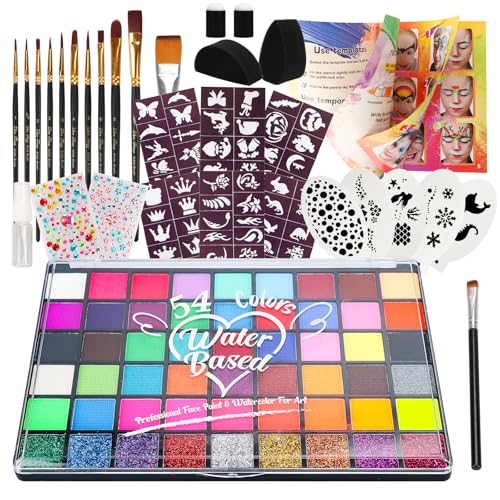 Pintada 54 Color Face Painting Kit for Kids - Non Toxic Water Activated Face Paint Palette with Stencils, Book, Brush & Sponges . For Halloween, Carnival, Party; Costume Makeup for Creative Activities - color: 54 Colors With Brush Set