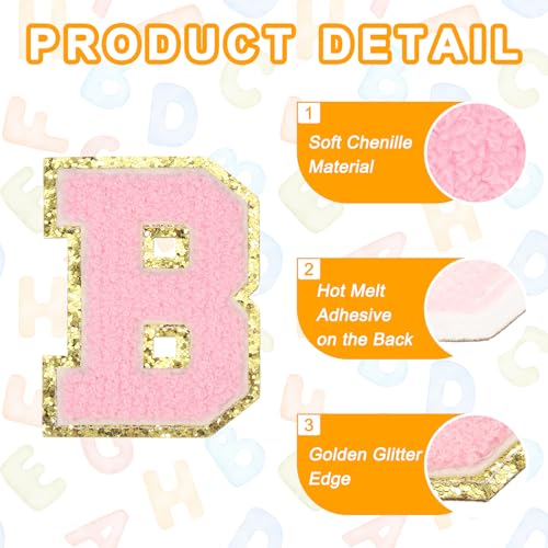 MECCANIXITY Chenille Letter Patches 3.1" Alphabet B Iron on Embroidered Patch Sew on Letter Stickers Applique for Repairing Clothing Jeans Shoes Hats DIY(Pink, Pack of 6) - style: Letter-B