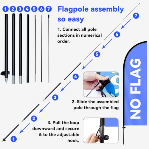 6.6FT Feather Flag Pole Kit with Ground Spike, Portable Lightweight Aluminum Alloy Flagpole with Fiberglass Top Pole, Fits 1.6x6.6FT / 1.6x6.1FT Feather Flags, Pole for Outdoor Business Advertising, No Flag