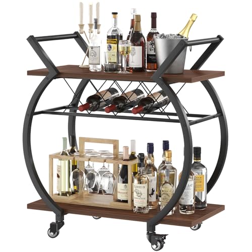 LVB Modern Bar Cart, Industrial Rolling Wine Cart with Wine Rack, Walnut - style: Walnut