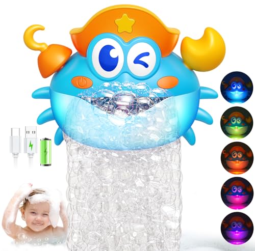 Bath Toys,Rechargeable Crab Baby Bath Toys Light Up Bath Bubble Machine with Colourful RGB Light Great Birthday Gift for Boys and Girls Toddler Toy for Kids Ages 1-3 4-8 - color: Blue (Rechargeable)