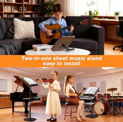 2-in-1 Wooden Music Stand, Floor & Tabletop Sheet Music Stand with Tray | Music Stand for Sheet Music 16.5"-51" Adjustable Height & Tilting Angle, Ideal for Violin, Guitar & Classroom (Walnut Effect) - color: Walnut Effect