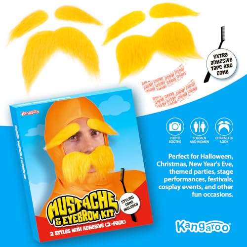 Kangaroo 2 Set of Self-Adhesive Yellow Fake Mustaches & Eyebrows for Adults | Funny Cosplay Eyebrows for Halloween, Dressup, Theater & Parties,Self-Adhesive Costume Accessories for Adults & Kids