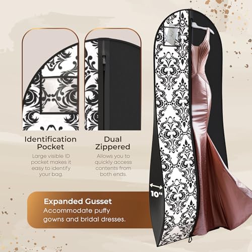 Your Bags Women’s Dress and Gown Garment Bag -72”x24” and 10” Tapered Gusset Prom Bags (Black and White Demask) - color: Black and White Demask