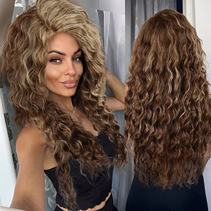 Trendy 80s Long Wavy Wigs for Women Brown Mixed Blonde Wig Ombre Color - color: Mix Brown