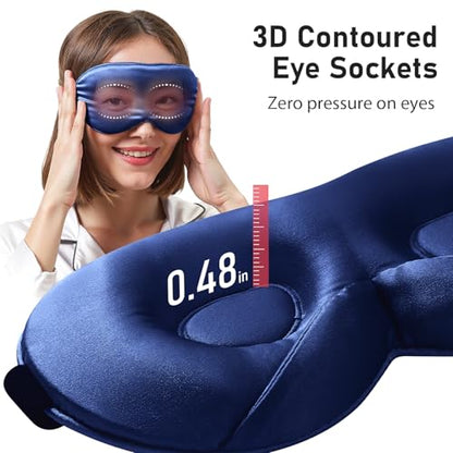 LitBear 100% 22 Momme Mulberry Silk Sleep Mask - 3D Contoured, Deep Blue | Pure Silk, Eyelash-Friendly, Soft, Breathable, Perfect Blocks Light, Tangle-Free Adjustable Strap, Travel Pouch - color: Midnight Blue