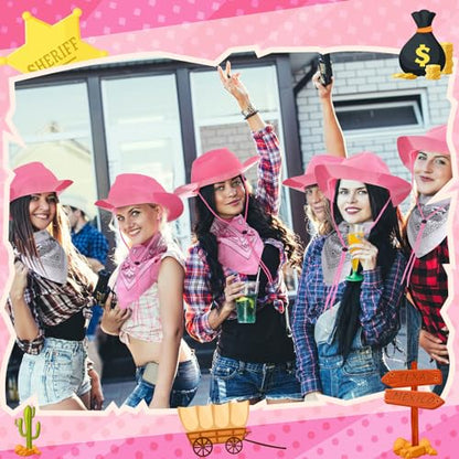 Hillban 48 Pack Cowboy Hats and Bandanas Set, Felt Plastic Cowgirl Hats for Women Men Cowboy Western Party Supplies(Pink, White) - color: Pink, White