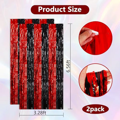 BEISHIDA Red Black Door Streamers Backdrop Foil Fringe Tinsel Party Streamers Curtains Photo Backdrop - 2Pcs for Birthday Graduation Bachelorette Halloween New Year Party Decoations - color: 05-red black