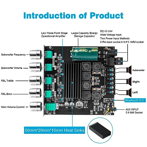 ZK-TB21 Bluetooth 5.0 50W+50W+100W 2.1 Channel Subwoofer Amplifier Board TPA3116D2 HiFi Treble and Bass Control Stereo Digital Audio Amp Board for Home Theater DIY Speakers - style: ZK-TB21
