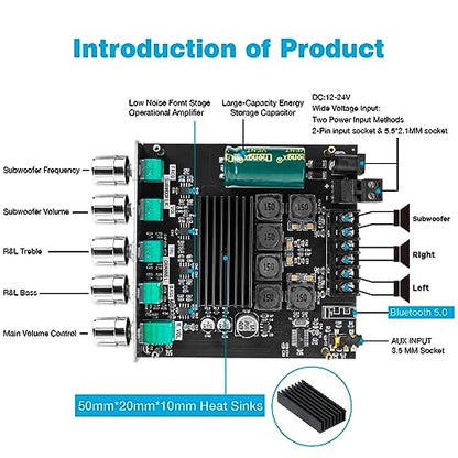 ZK-TB21 Bluetooth 5.0 50W+50W+100W 2.1 Channel Subwoofer Amplifier Board TPA3116D2 HiFi Treble and Bass Control Stereo Digital Audio Amp Board for Home Theater DIY Speakers - style: ZK-TB21