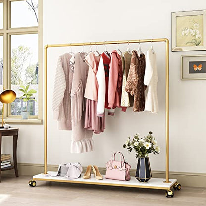 Gold Metal Clothing Rack with Wood Shelf, Heavy Duty Rolling Garment Rack with Wheels for Bedroom Retail Boutique Use (61L inches) - style: single-large