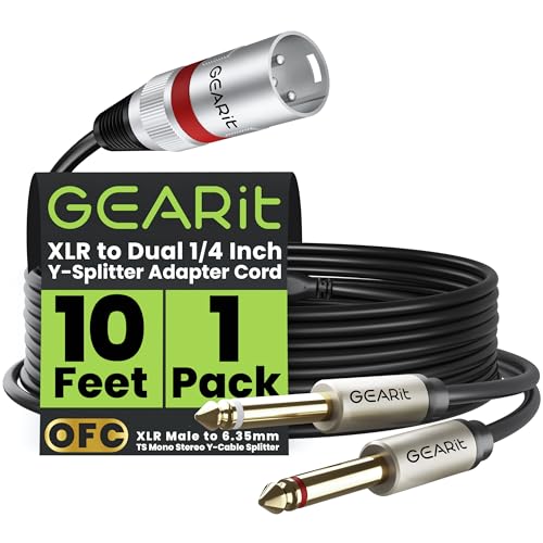 GEARit XLR Male Cable to Dual 1/4 Inch 10 ft, XLR to 2 x 6.35mm Y Splitter Audio Cable with 3.5mm Adapter for Guitar, Bass, Instruments, Mixer, Amps, Speakers, Audio Recording & PC - size: 10 Feet