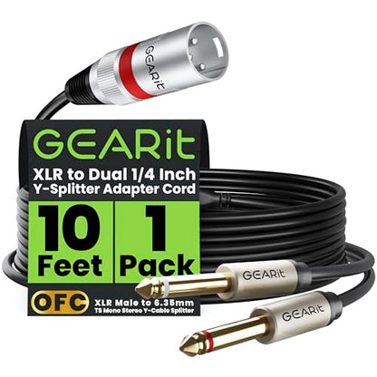 GEARit XLR Male Cable to Dual 1/4 Inch 10 ft, XLR to 2 x 6.35mm Y Splitter Audio Cable with 3.5mm Adapter for Guitar, Bass, Instruments, Mixer, Amps, Speakers, Audio Recording & PC - size: 10 Feet