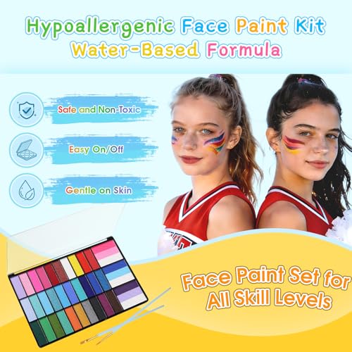 Face Painting Kit, 33 Colors Non-Toxic Face Paint Makeup Palette | Professional Facepaint with Stencils,Split Cake,Brushes,Water Based Face Body Paint Kit for Halloween,Cosplay Party