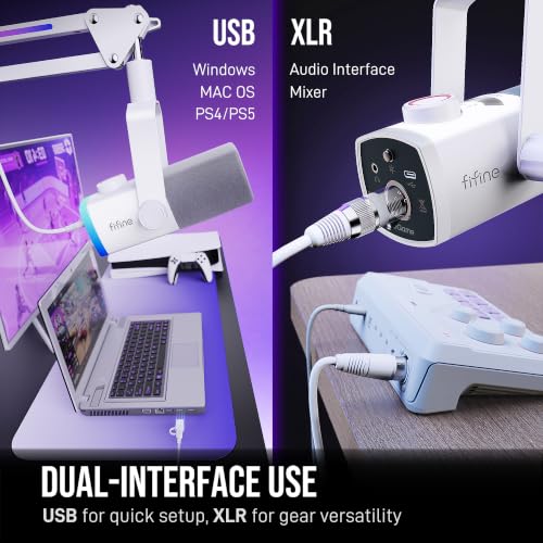 FIFINE AM8PROTW Streaming Microphone Kit for Gaming, XLR/USB Dynamic Mic | PC Microphone with RGB Boom Arm Stand, Mute Tap, 3-in-1 Volume Knob, Audio Balance, for Podcast Vocal, White - color: White