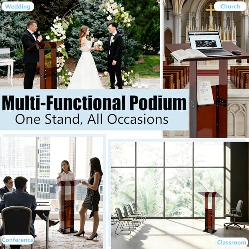 Acrylic Podium Stand 45.5" with Storage Shelf, Modern Amber Lectern Professional Presentation Podiums with Reading Platform for School, Classroom, Weddings, Conference, Concert, Events, Church - color: Amber