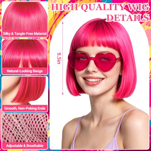 Hot Pink Short Bob Straight Hair Wigs with Bangs, 11inch Synthetic Fiber Colorful Hair, Neon Heart-shaped Sunglasses and Wig Cap for Women, 80s 90s Costume, Halloween, Dress Up - color: Hot Pink