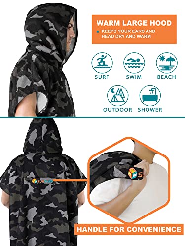 SUN CUBE Surf Poncho Changing Robe with Hood, Wetsuit Changing Hooded Towel | Thick Quick Dry Microfiber, Wetsuit Changing Towel, Surfing Beach Swim Outdoor Sports Cover Up, Adult Wearable Poncho - color: Camo Black