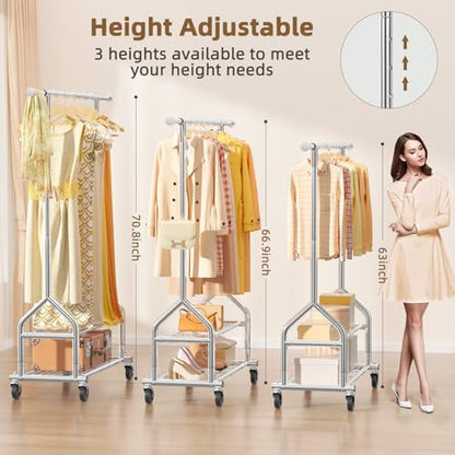 EAGMAK Heavy Duty Clothes Rack Load 556 LBS, Rolling Clothing Rack With Shelves, Height Adjustable Metal Clothes Hanger with Wheels Portable Wardrobe Organizer Garment Rod for Hanging Clothes (Silver) - color: Silver, style: 2 Shelves