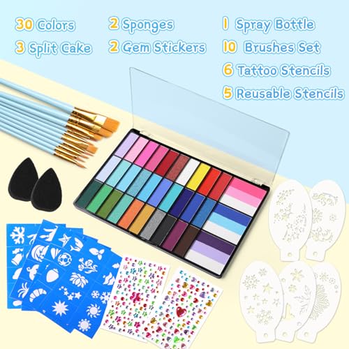 Face Painting Kit, 33 Colors Non-Toxic Face Paint Makeup Palette | Professional Facepaint with Stencils,Split Cake,Brushes,Water Based Face Body Paint Kit for Halloween,Cosplay Party