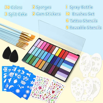 Face Painting Kit, 33 Colors Non-Toxic Face Paint Makeup Palette | Professional Facepaint with Stencils,Split Cake,Brushes,Water Based Face Body Paint Kit for Halloween,Cosplay Party