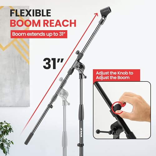 Pyle Universal Tripod Microphone Stand - Knob Boom Extends Up to 31'', Strong and Lightweight Tubing, 3.5'' x 38'' -inches, Lightweight and Collapsible Mic Stand - style: Gloss Black Finish