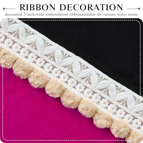 GIGIZAZA Boho 84 Inches Long Curtains 2 Panels for Living Room Black HotPink Farmhouse Velvet Elegant Window Blackout Curtain Drapes Lace Pom Pom Embroidered Curtains - color: Pom Pom/Black+hot Pink, size: 52"W x 84"L (Pack of 2)