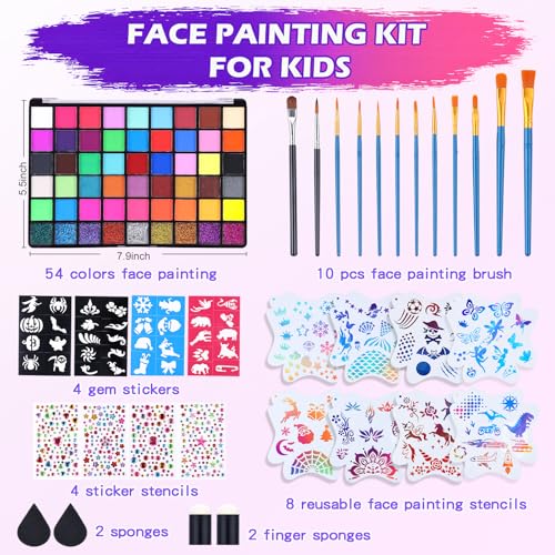 54 Color Face Painting Kit, Face Painting Supplies with Stencils, Gems, Brushes, Sponges, Water Activated Facepaint Makeup Kit for Halloween, Parties, Carnival,School Event