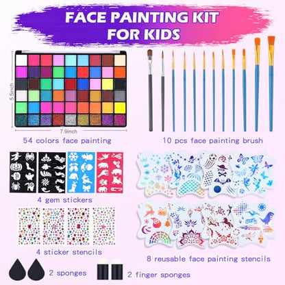 54 Color Face Painting Kit, Face Painting Supplies with Stencils, Gems, Brushes, Sponges, Water Activated Facepaint Makeup Kit for Halloween, Parties, Carnival,School Event