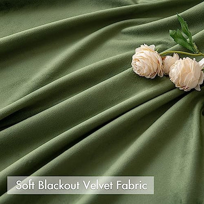 MIULEE Olive Green Pom Pom Velvet Blackout Curtains, W52 x L84, Set of 2 | Rod Pocket Curtains,Thermal Insulating,Blackout Curtains for Bedroom/Home Theater/Living Room Darkening - color: Olive Green, size: 52"W x 84"L (Pack of 2)