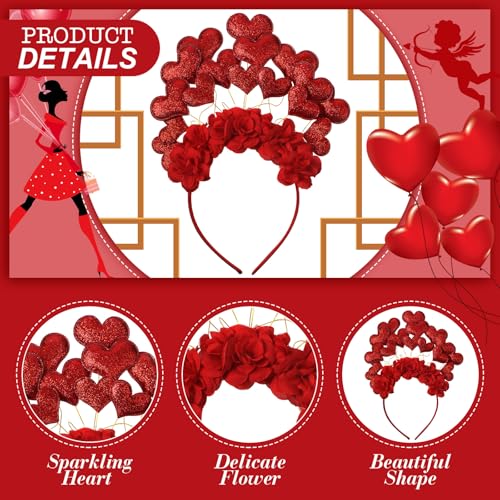 Chuangdi 4 Pcs Valentine's Glitter Headbands Red Heart Sunglasses Earring Sticker Valentines Day Accessories Set for Party Costume
