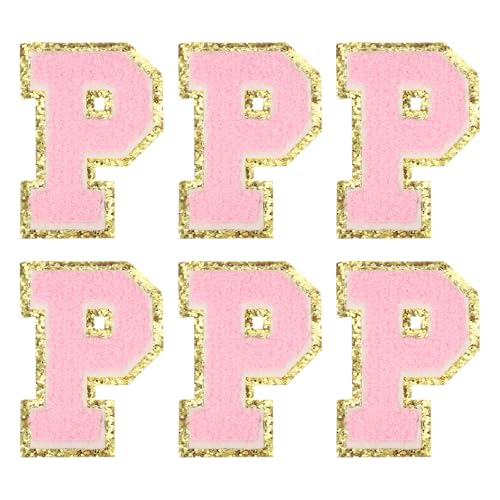 MECCANIXITY Chenille Letter Patches 3.1" Alphabet P Iron on Embroidered Patch Sew on Letter Stickers Applique for Repairing Clothing Jeans Shoes Hats DIY(Pink, Pack of 6) - style: Letter-P