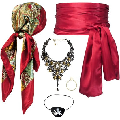 Women Pirate Costume Accessories Set|Headscarf Wrap Hat Sash Belt Cosplay Outfit With Stainless Steel Earring Necklace - style: 5 Pcs Pirate Set - Red Pirate Lace Necklace Set