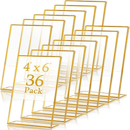 36 Pack Acrylic Sign Holder Gold Frame Table Numbers Slanted Back Menu Display Stand Clear Flyer Document Photo Display Holders Plastic Table Signs for Wedding Office(Vertical Style,4 x 6 Inch) - style: Vertical Style