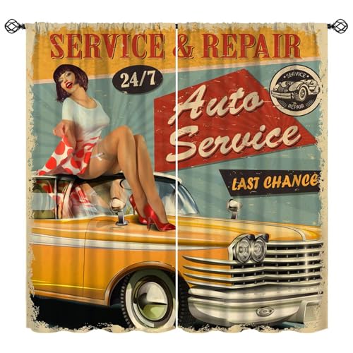 50s Car Repair Poster Curtains Vintage Repair Depot Yellow Car Print Repair Shop Poster Blackout Window Treatment for Men Teens Bedroom Playroom Home Decor Window Drapes 42" W X 45" L - color: Style-10, size: 21"W x 45"L (Pack of 2)